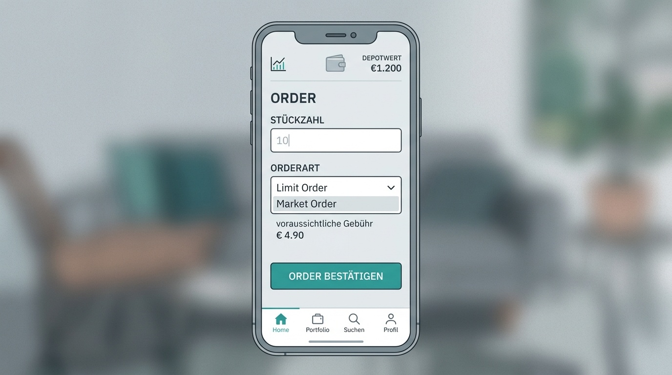 Smartphone mit geöffneter Wertpapier-App als mobiler Zugang zum Depot