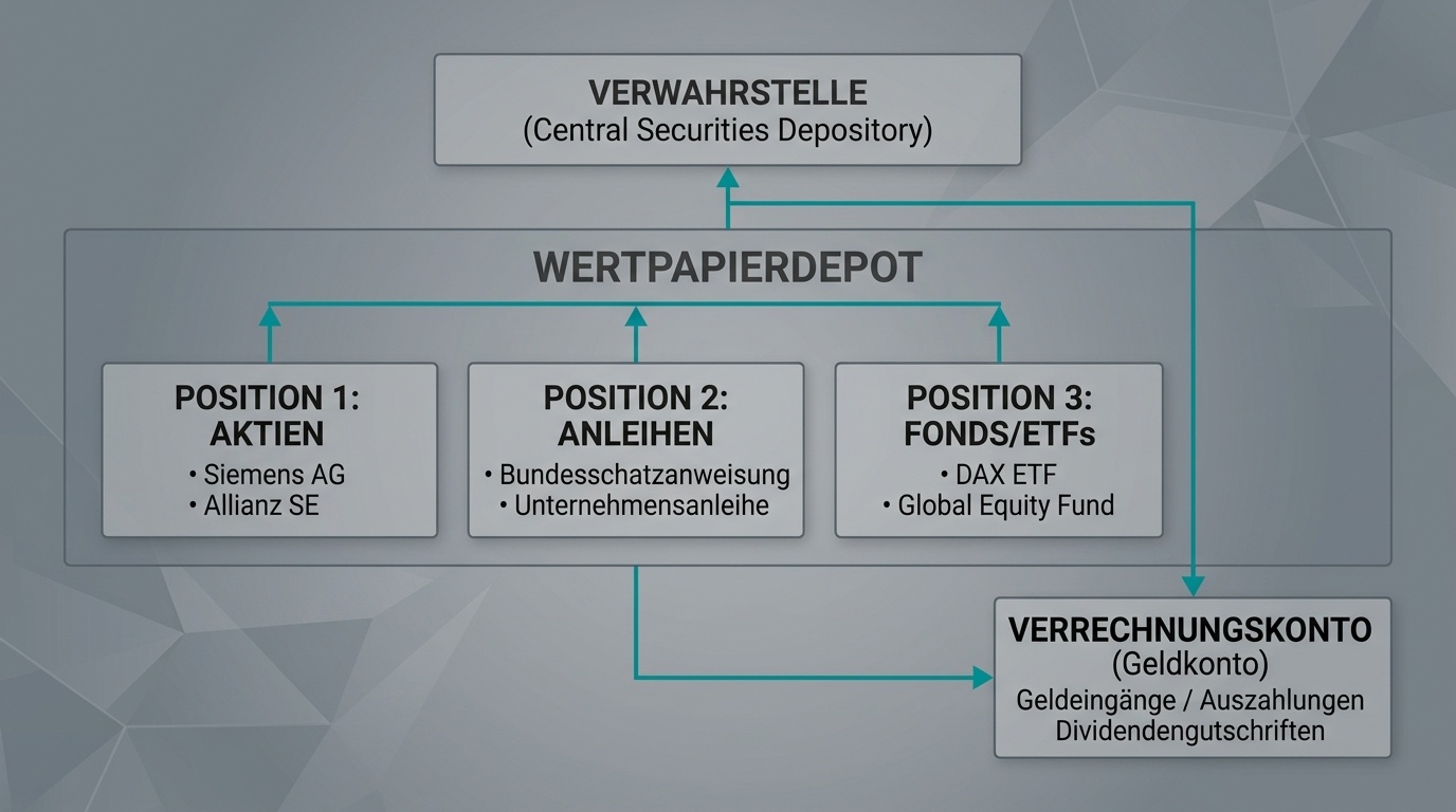 Symbolische Darstellung eines Wertpapierdepots als geordnete Ablage verschiedener Anlagepositionen
