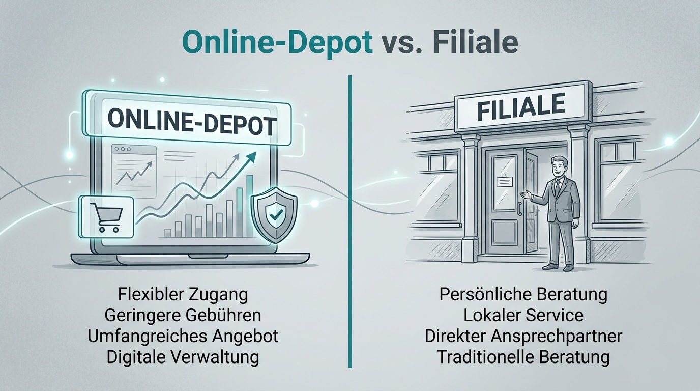 Gegenüberstellung von Online-Zugang und Filialberatung als zwei Wege zum Depot